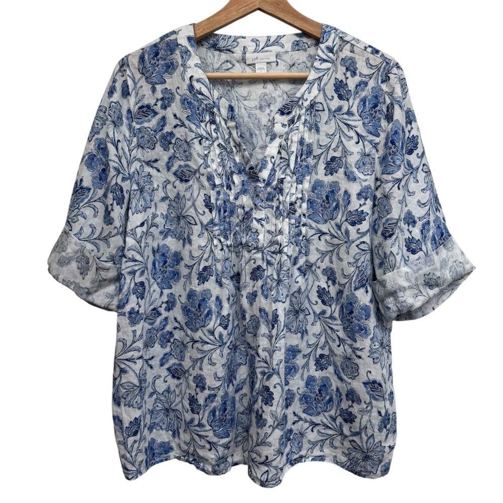 J. Jill Love Linen Floral Popover Blouse Top Women Small Relaxed Fit Pleated